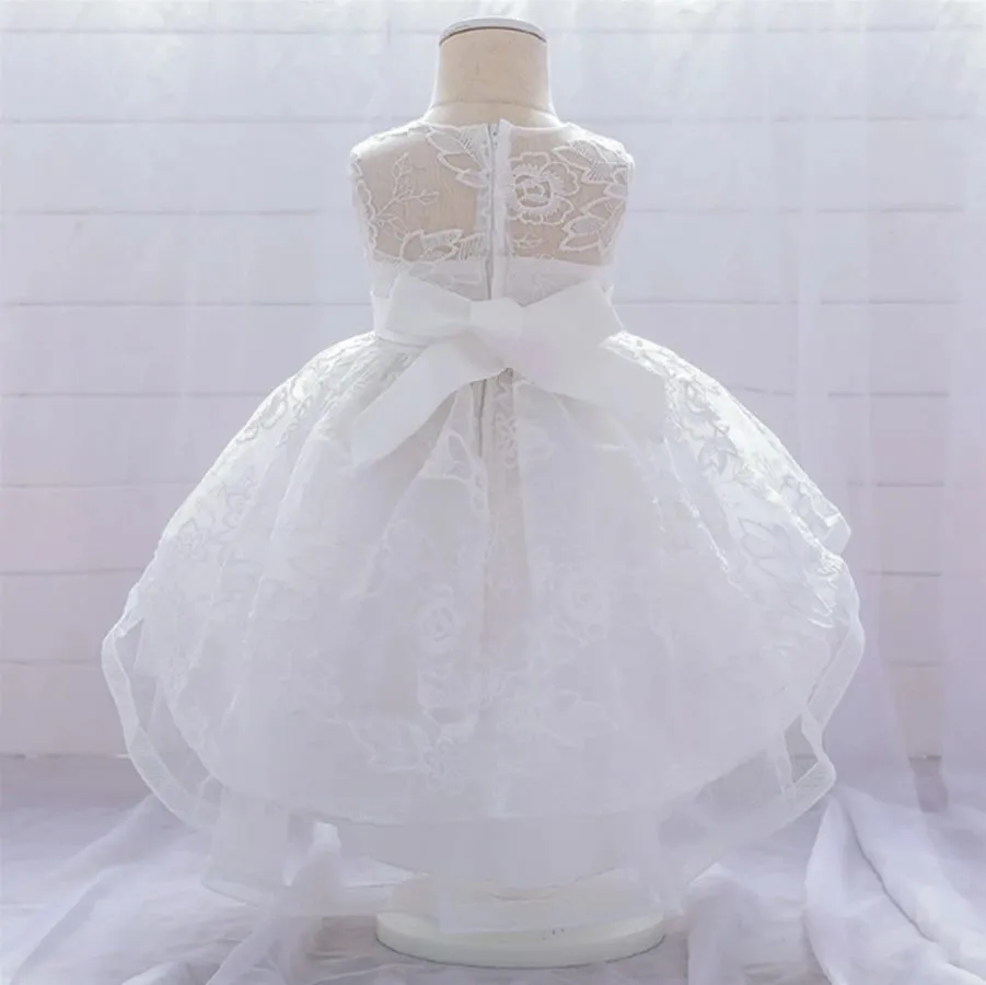 ---Christening dresses for baby girls for sale made in satin and lace decorated with beads and belt with bows--