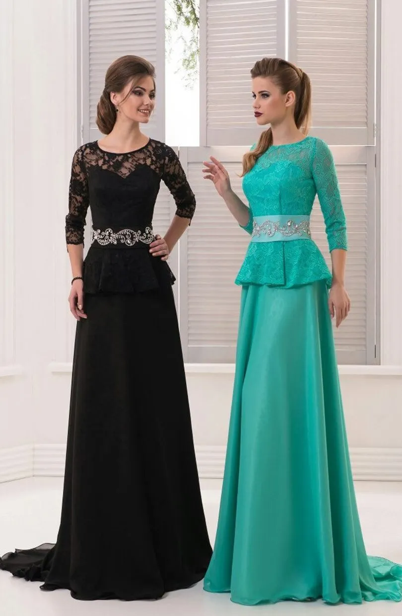 ---Elegante vestido para la mama de los novios con mangas tres cuartos de encaje y chifòn cinturón de piedras brillantes--