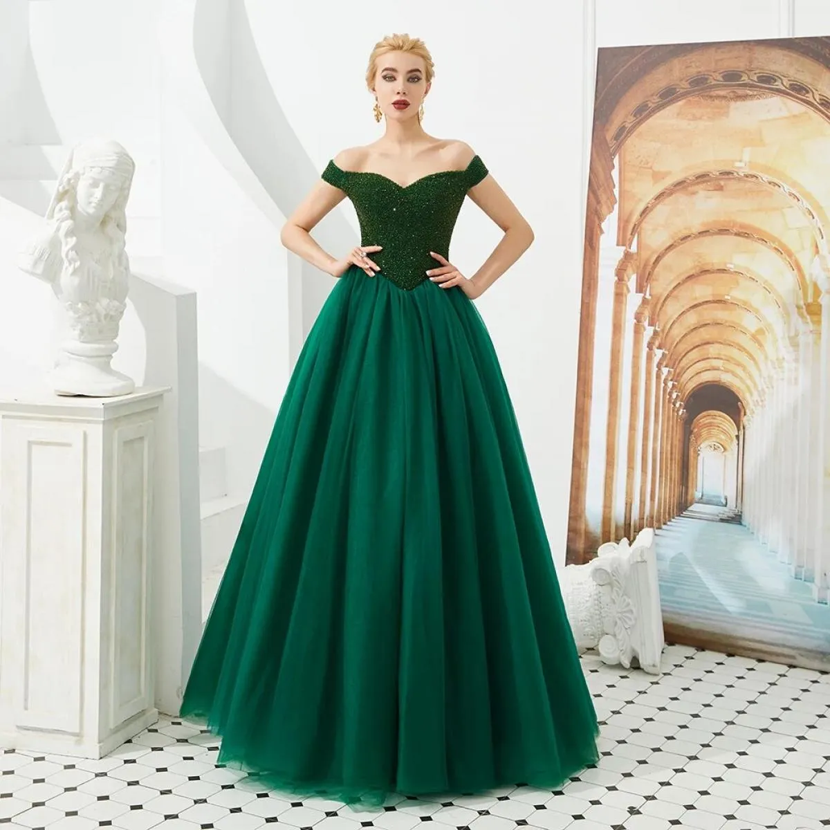 Abiti da sera con perline 2022 con spalle scoperte Sweetheart che borda lungo abito da ballo formale verde
