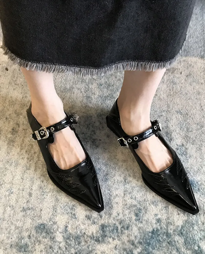 Juejuezi~!  Pointed Toe Single Shoes For Women, New Autumn Style, One-line Buckle, Shallow Mouth, Low Heels, Niche Desig