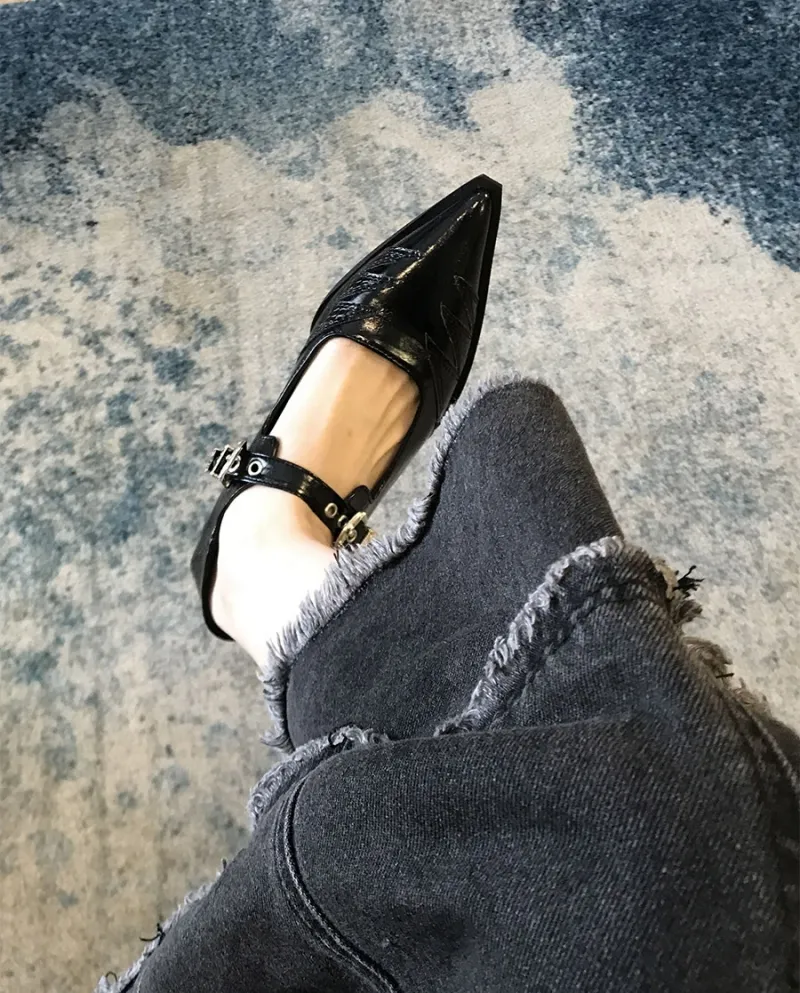 Juejuezi~!  Pointed Toe Single Shoes For Women, New Autumn Style, One-line Buckle, Shallow Mouth, Low Heels, Niche Desig