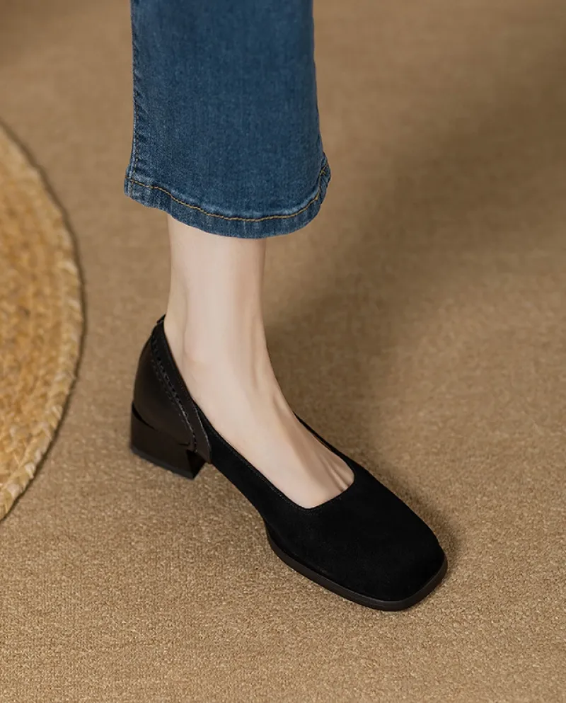 Retro Brown Peas Shoes Women's Thick Heel Spring And Autumn New Black Versatile Medium Heel Square Toe Shoes