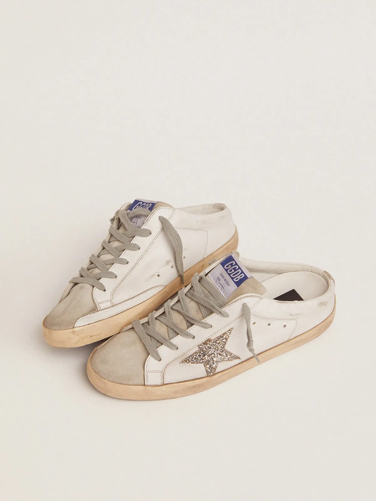 Super-Star Sabot con stella in glitter platino e linguetta in suede